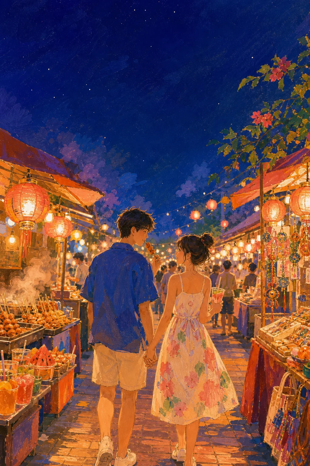 情侣牵手逛夜市的手绘插画
